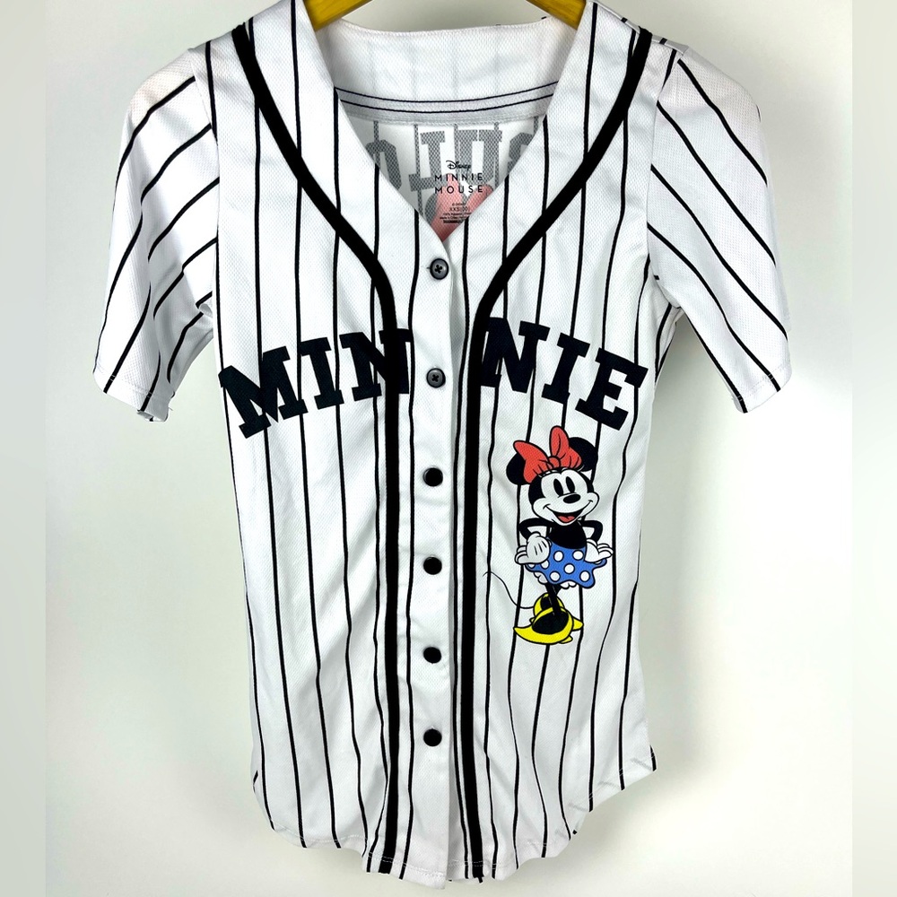 Disney White and Black Minnie Mouse Button Down Jersey Top